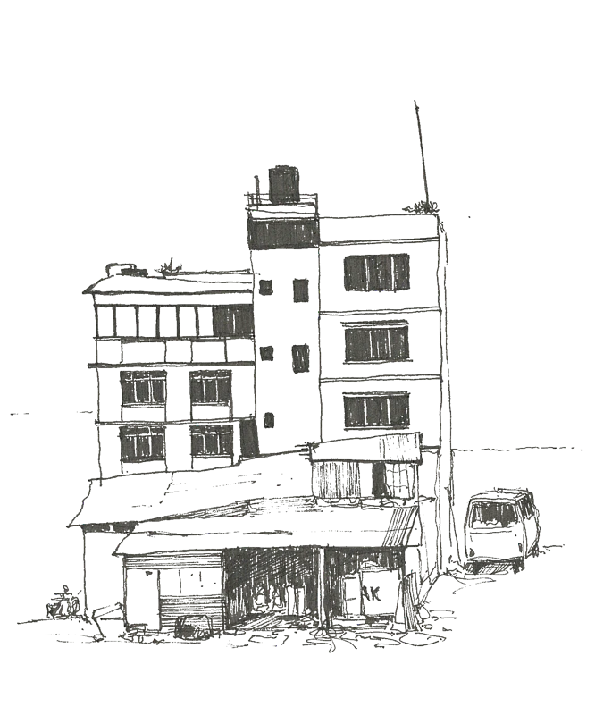 Sketch of a multi-storey concrete building in Kathmandu