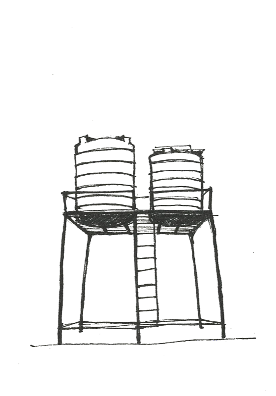 Drawing of two water tanks on a rooftop stand